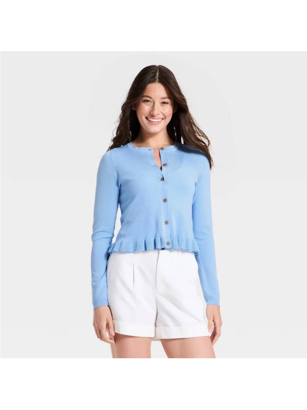 Light Tiffany Blue Ruffle Hem Button-Up Cardigan A New Day S Preppy Romantic NEW